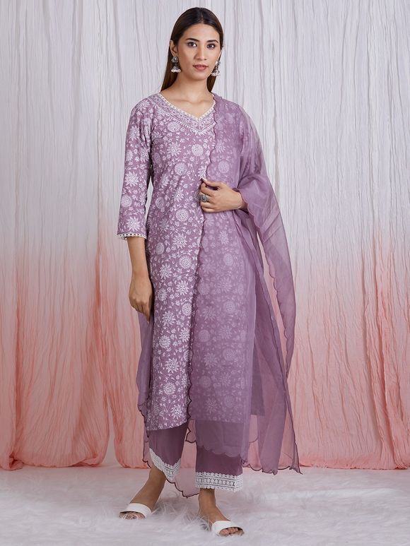 Mauve Hand Block Printed Cotton Suit with Organza Scalloped Dupatta- Set of 3