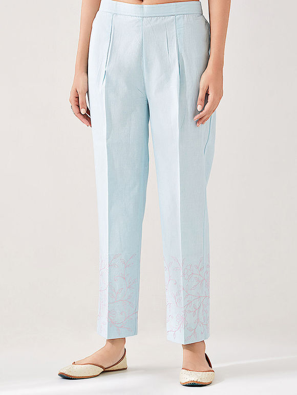 Light Blue Embroidered Cotton Poplin Pants