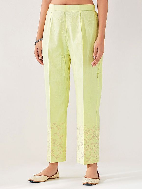 Yellow Embroidered Cotton Poplin Pants