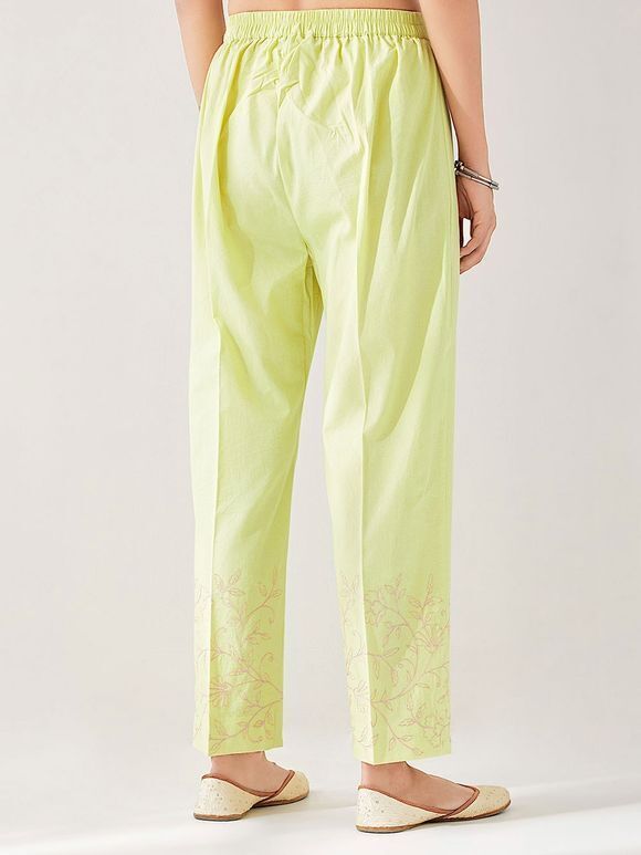 Yellow Embroidered Cotton Poplin Pants
