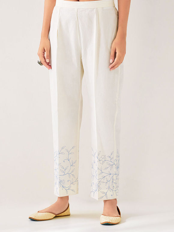 Off White Embroidered Cotton Poplin Pants