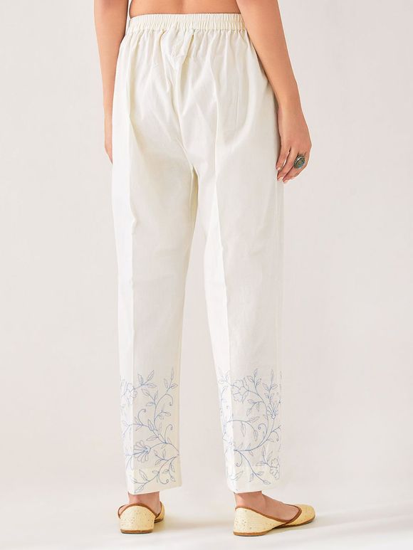 Off White Embroidered Cotton Poplin Pants