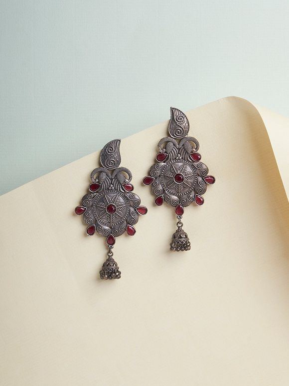 Silver Toned Red Handcrafted Brass Jhumkies