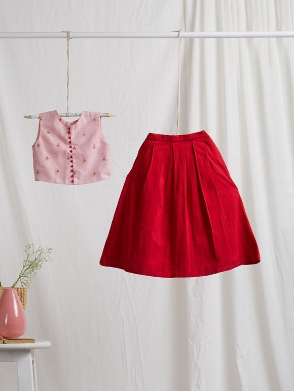 Pink Embroidered Cotton Crop Top with Red Box Pleated Skirt - Set of 2