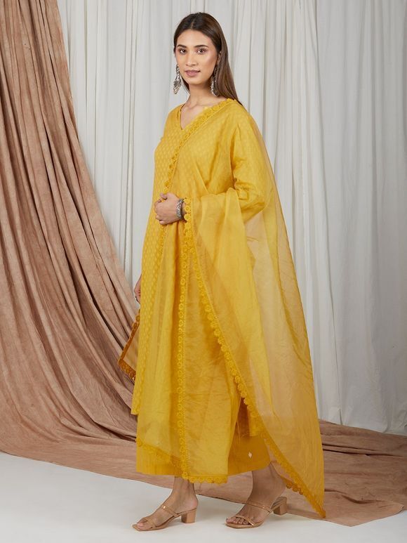 Yellow Cotton Suit with Organza Dupatta- Set of 3