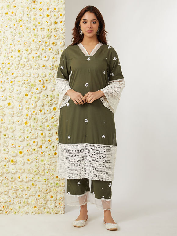 Olive Green Hand Embroidered Cotton Kurta with Pants - Set of 2