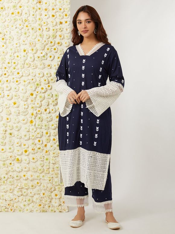 Navy Blue Hand Embroidered Cotton Kurta with Pants - Set of 2