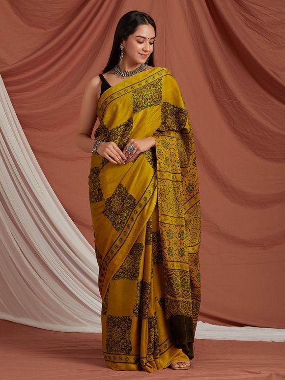 Yellow Ajrakh Printed Modal Silk Saree