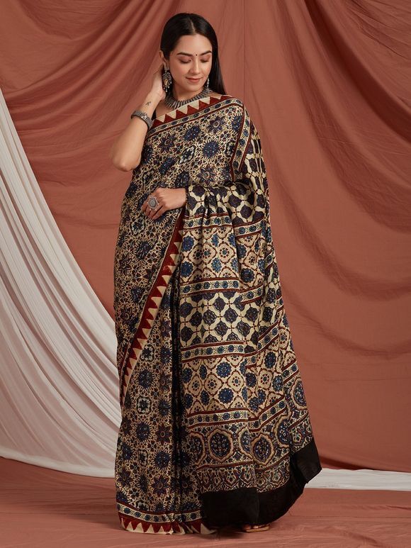Off White Blue Ajrakh Printed Modal Silk Saree