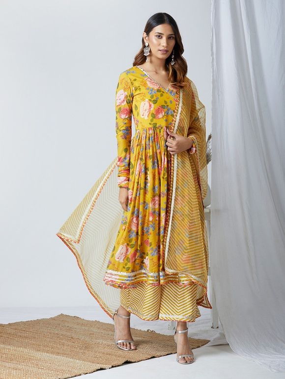 Buy Designer Indian Dresses - Yellow Multi Designer Embroidered Printed Anarkali  Gown