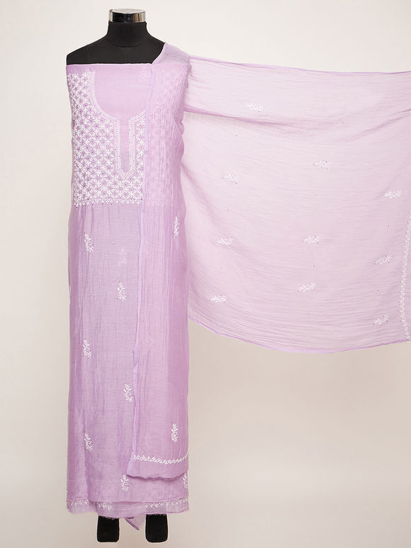 Lavender Chikankari Chanderi Mul Kurta Fabric with Dupatta - Set of 2