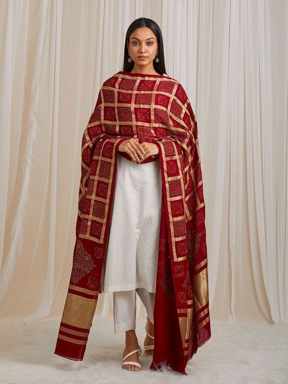 Red Ajrakh Printed Modal Silk Lagdi Patta Dupatta