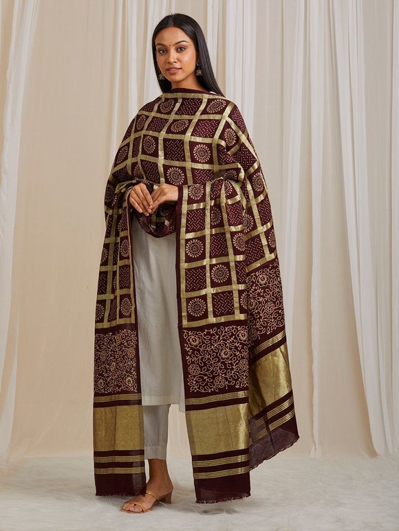 Dark Brown Ajrakh Printed Modal Silk Lagdi Patta Dupatta