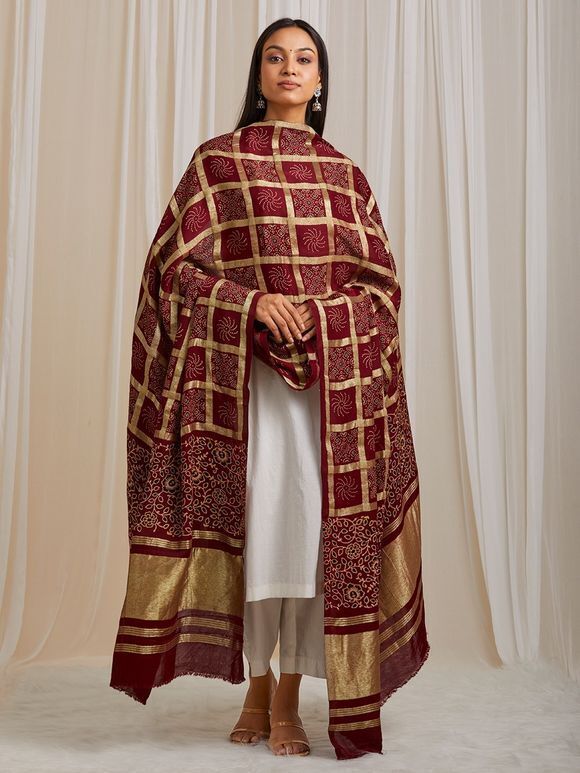 Maroon Ajrakh Printed Modal Silk Lagdi Patta Dupatta