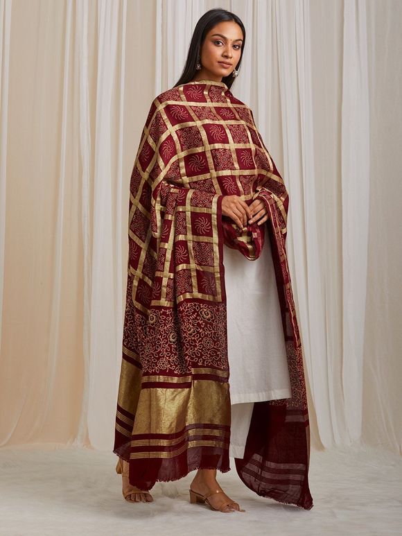 Maroon Ajrakh Printed Modal Silk Lagdi Patta Dupatta