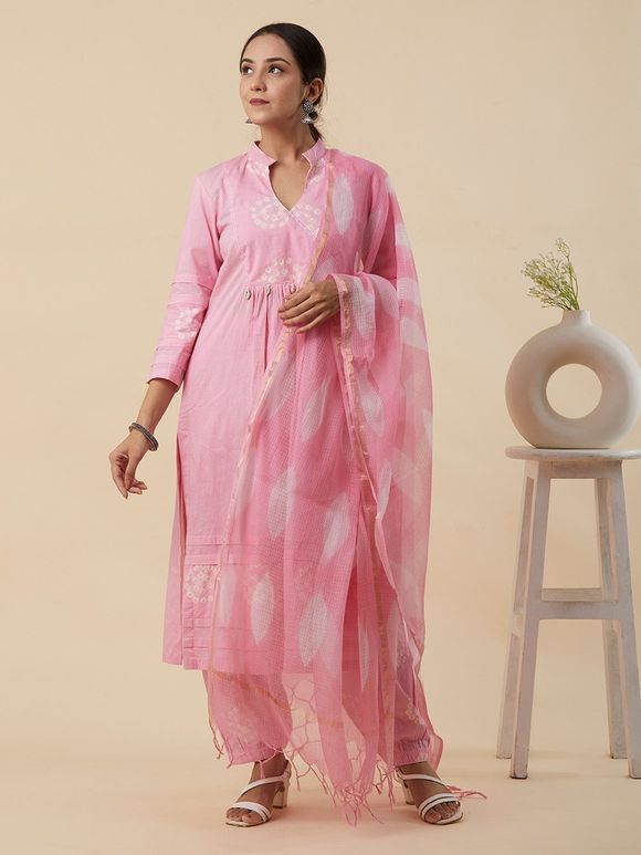 Light Pink Bandhani Cotton Kurta with Salwar and Clamp Dye Kota Doria Dupatta- Set of 3
