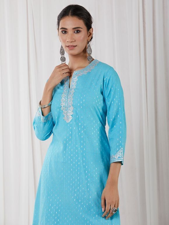 Sky Blue Embroidered Cotton Lurex Suit with Organza Dupatta- Set of 3