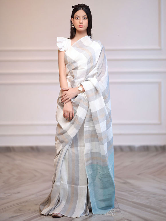 White Striped Handwoven Linen Saree