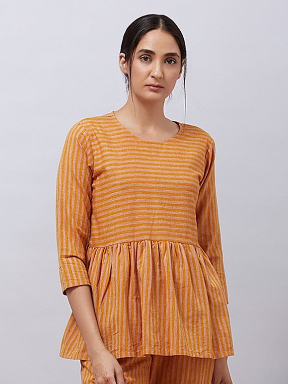 Rust Striped  Cotton Gathered Top
