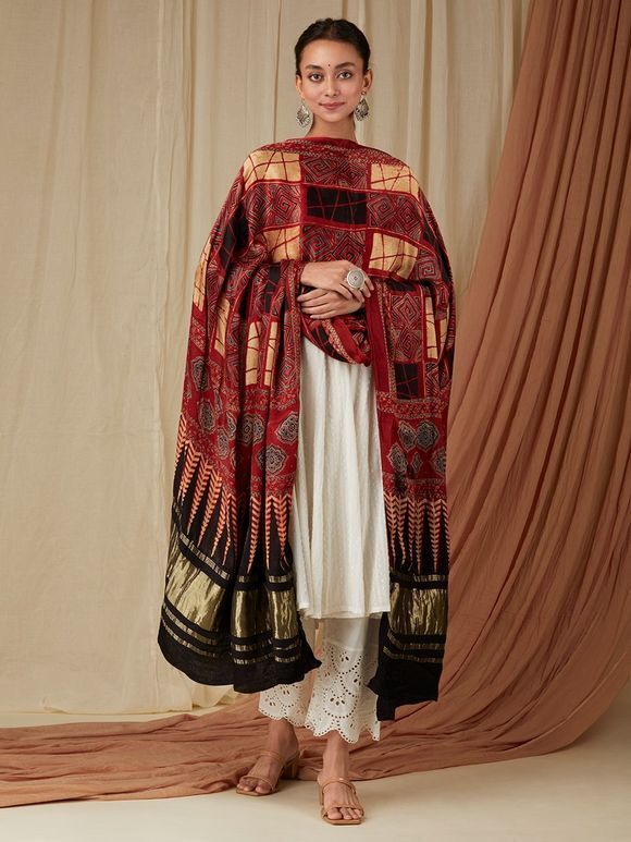 Red Ajrakh Printed Modal Silk Lagdi Patta Dupatta