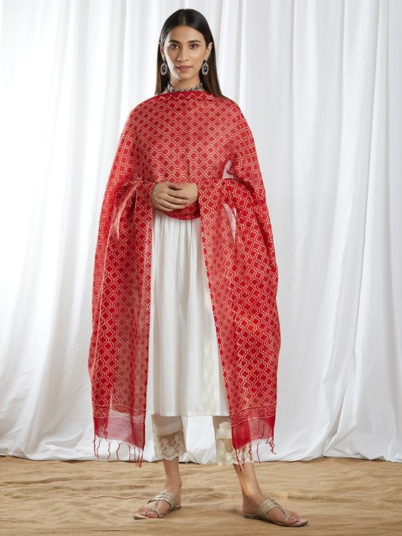 Brown - Pipad Block Printed Handloom Chanderi Silk Dupatta 77