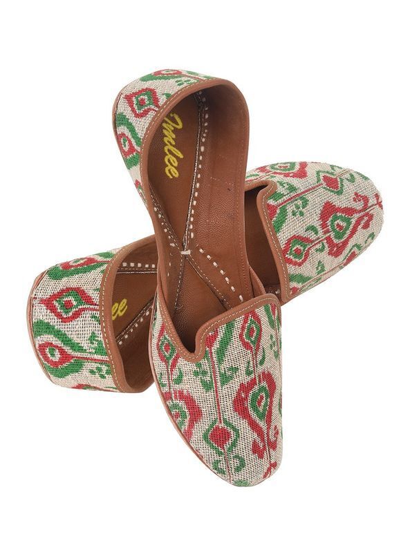 Beige Red Printed Leather Cotton Embroidered Mojari