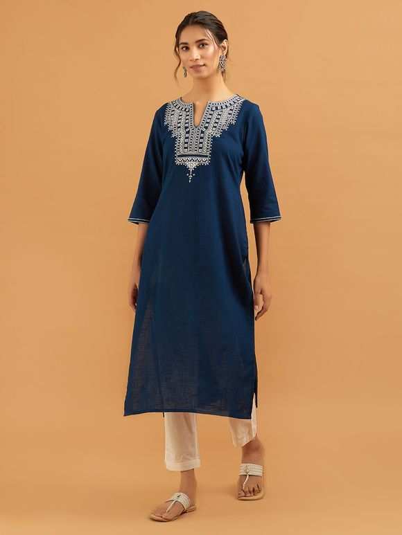 Buy Teal Blue Embroidered Cotton Kurta with Off White Pants - Set of 2 ...