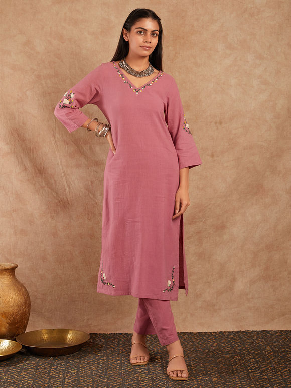 Pink Embroidered Cotton Kurta with Pants - Set of 2