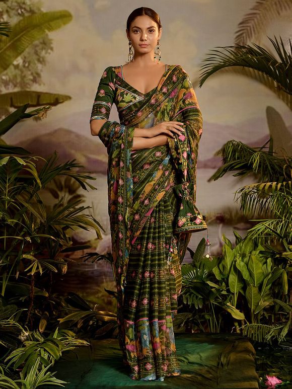 Green Hand Embroidered Chiffon Lurex Printed Saree with Blouse - Set of 2