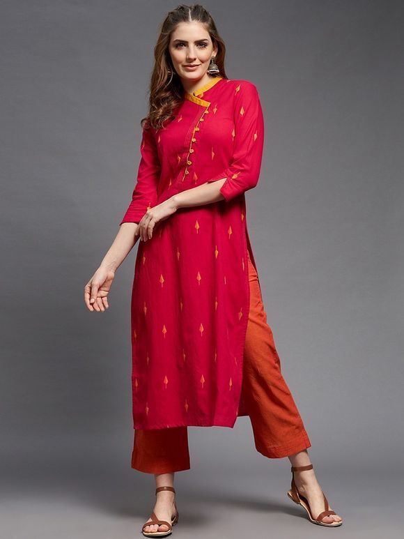 Red Cotton Dobby Kurta with Rust Pants - Set of 2