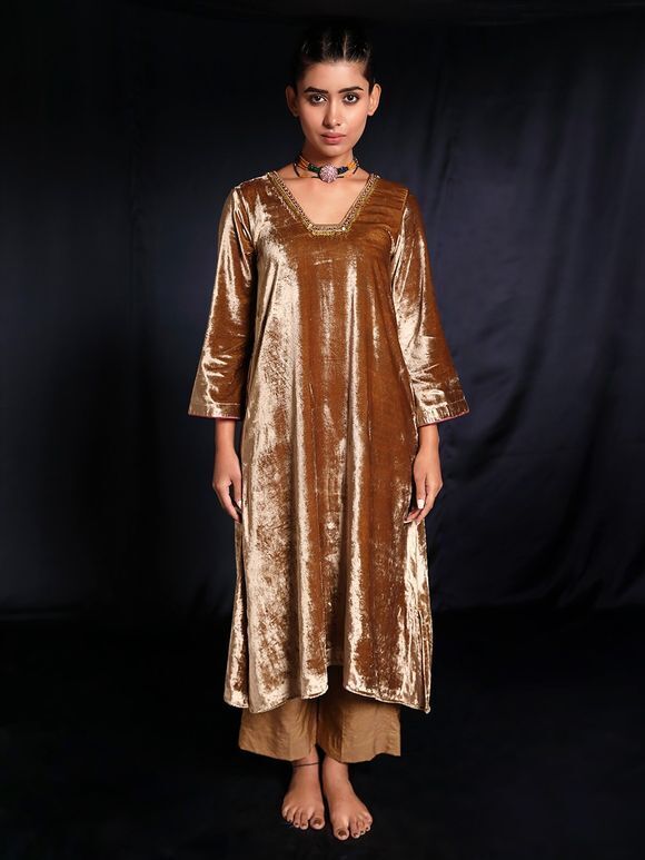 Brown Hand Embroidered Velvet Kurta with Slip and Chanderi Pants - Set of 2