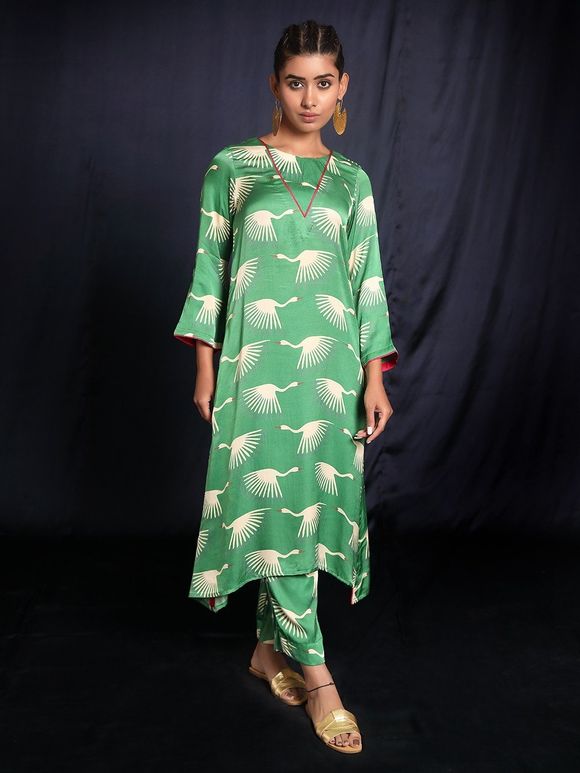 Green Printed Modal Satin Kurta with Pants - Set of 2