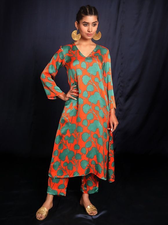 Orange Printed Modal Satin Kurta with Pants - Set of 2