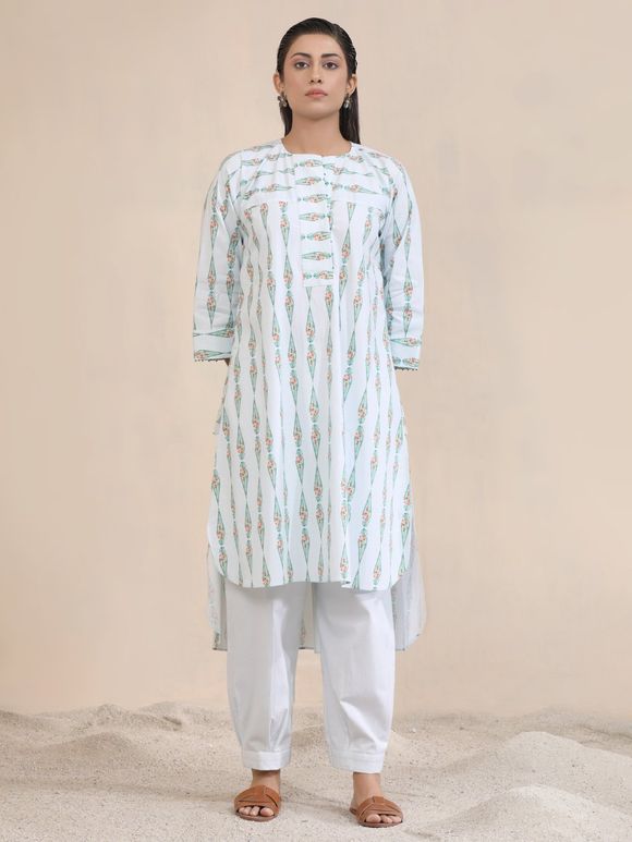White Green Printed Chanderi Cotton Kurta with Pants- Set of 2