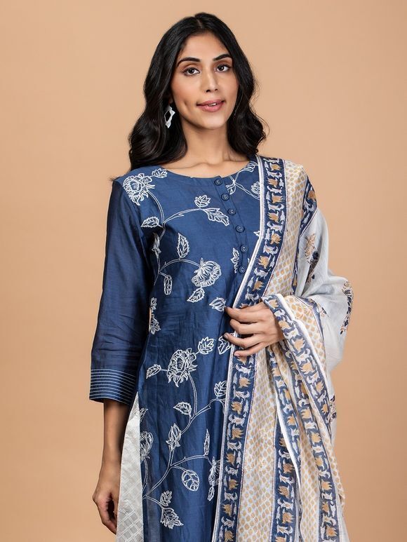 Blue Embroidered Chanderi Kurta with Cotton Slip, White Pants and Hand Block Printed Dupatta- Set of 3