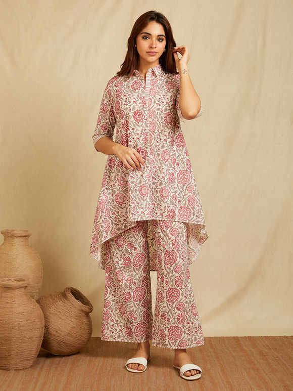 Red Hand Block Printed Cotton Co-ord Set - Set of 2