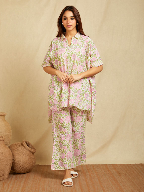 Pink Hand Block Printed Cotton Co-ord Set - Set of 2