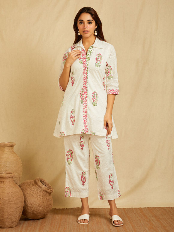 White Pink Hand Block Printed Cotton Co-ord Set - Set of 2