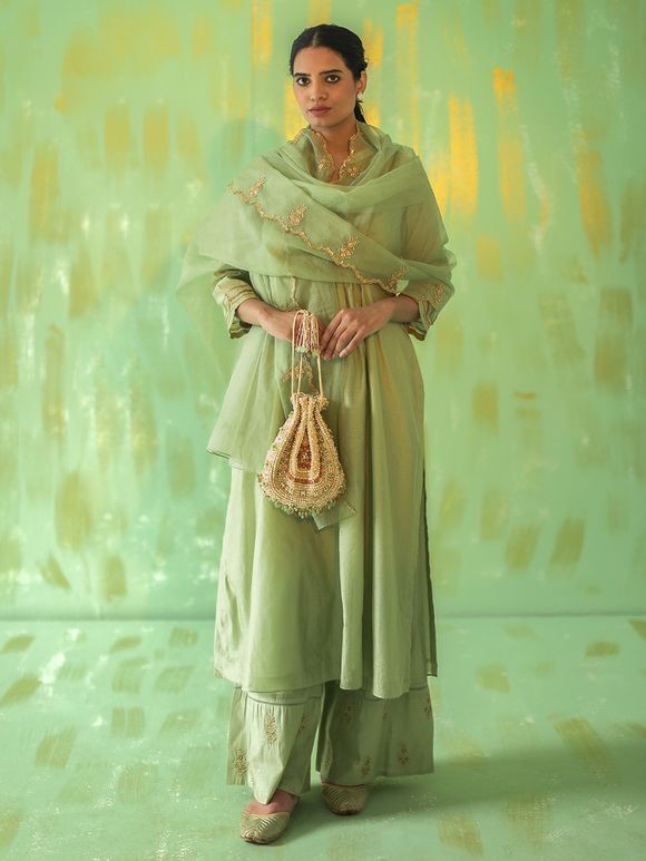 Sage Green Hand Embroidered Chanderi Suit with Organza Scalloped Dupatta- Set of 3