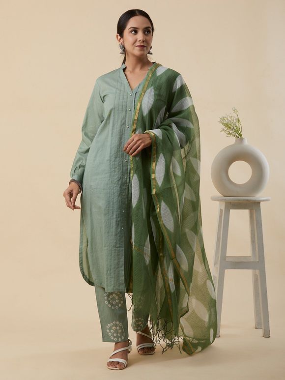Mehndi Green Pleated Cotton Kurta with Bandhani Pants and Clamp Dye Kota Doria Dupatta- Set of 3