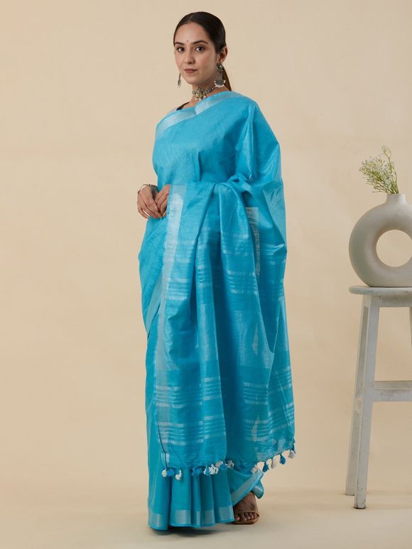 Blue Handloom Cotton Linen Saree with Yellow Printed Blouse Piece