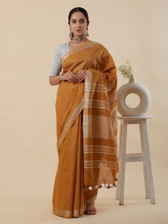 Brown Handloom Cotton Linen Saree with Yellow Printed Blouse Piece