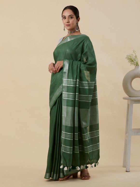 Green Handloom Cotton Linen Saree with Pink Printed Blouse Piece