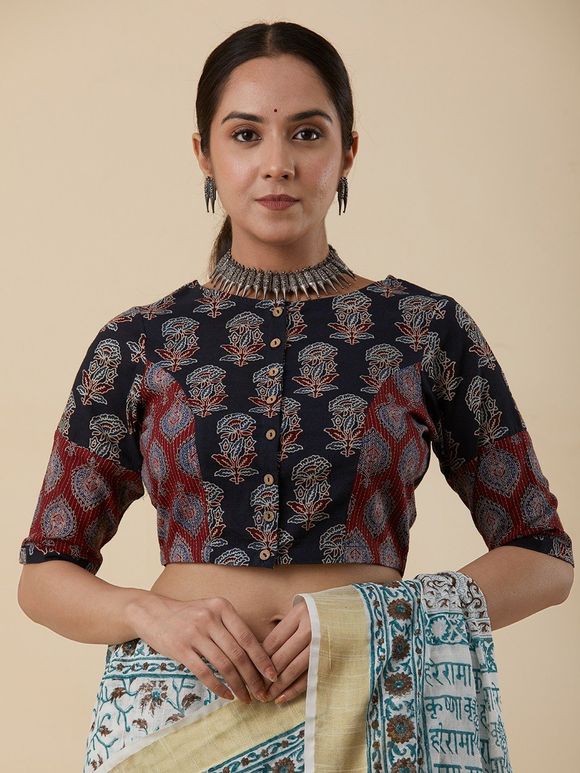 Buy Blue Ajrakh Printed Cotton Blouse | TWTMAY0722/TWT63MAY | The loom