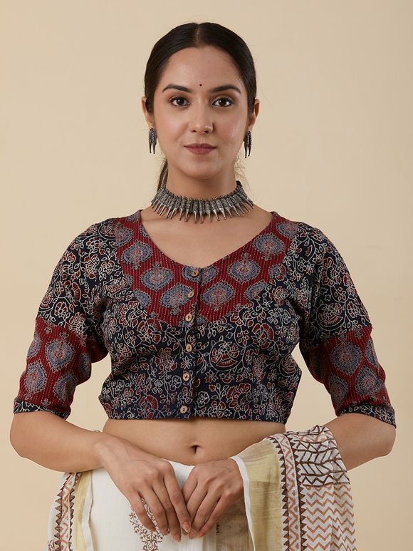 Women's White Cotton Ajrakh Printed Readymade Blouse main image 1