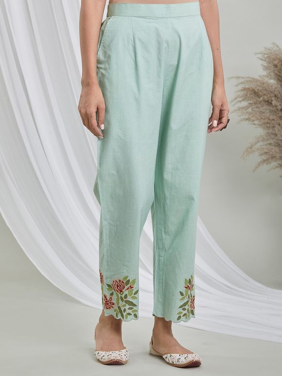 Green Embroidered Cotton Poplin Pants