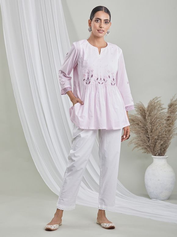 Pink Embroidered Cotton Kurta with White Pants- Set of 2