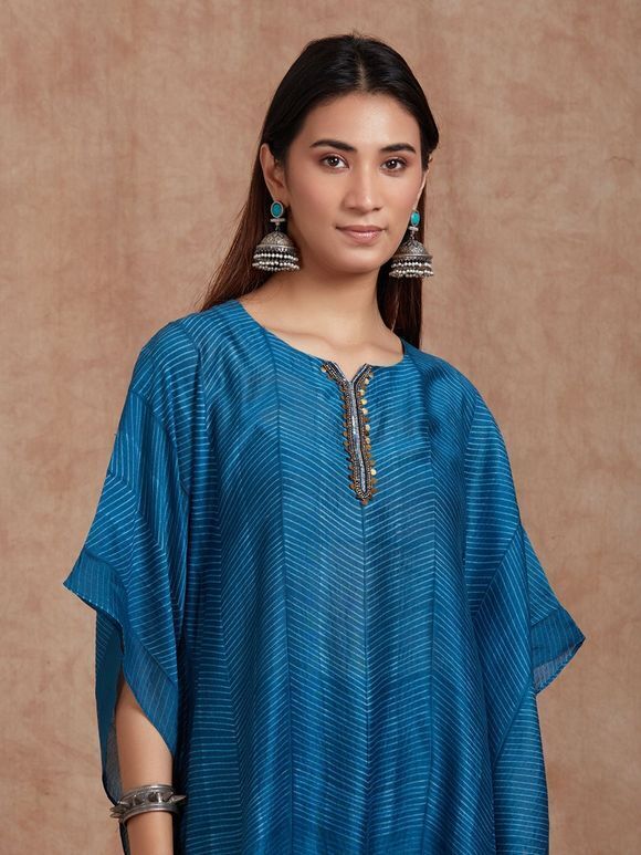 Teal Blue Hand Embroidered Chanderi Kaftan with Cotton Pants - Set of 2