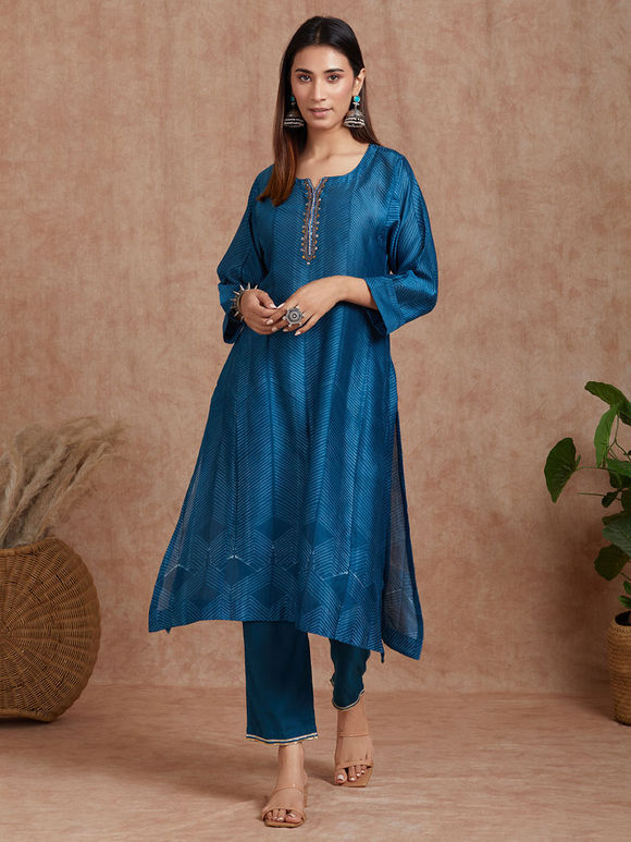 Teal Blue Hand Embroidered Chanderi Kurta with Cotton Pants - Set of 2