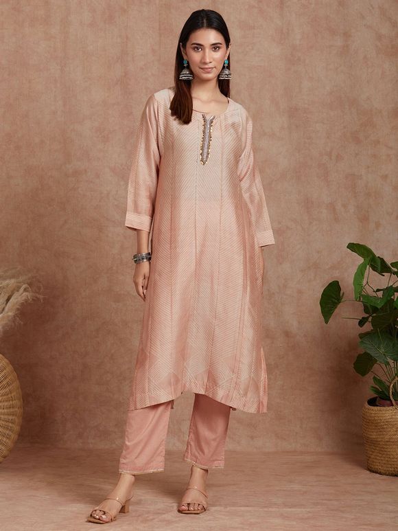 Peach Hand Embroidered Chanderi Kurta with Cotton Pants - Set of 2